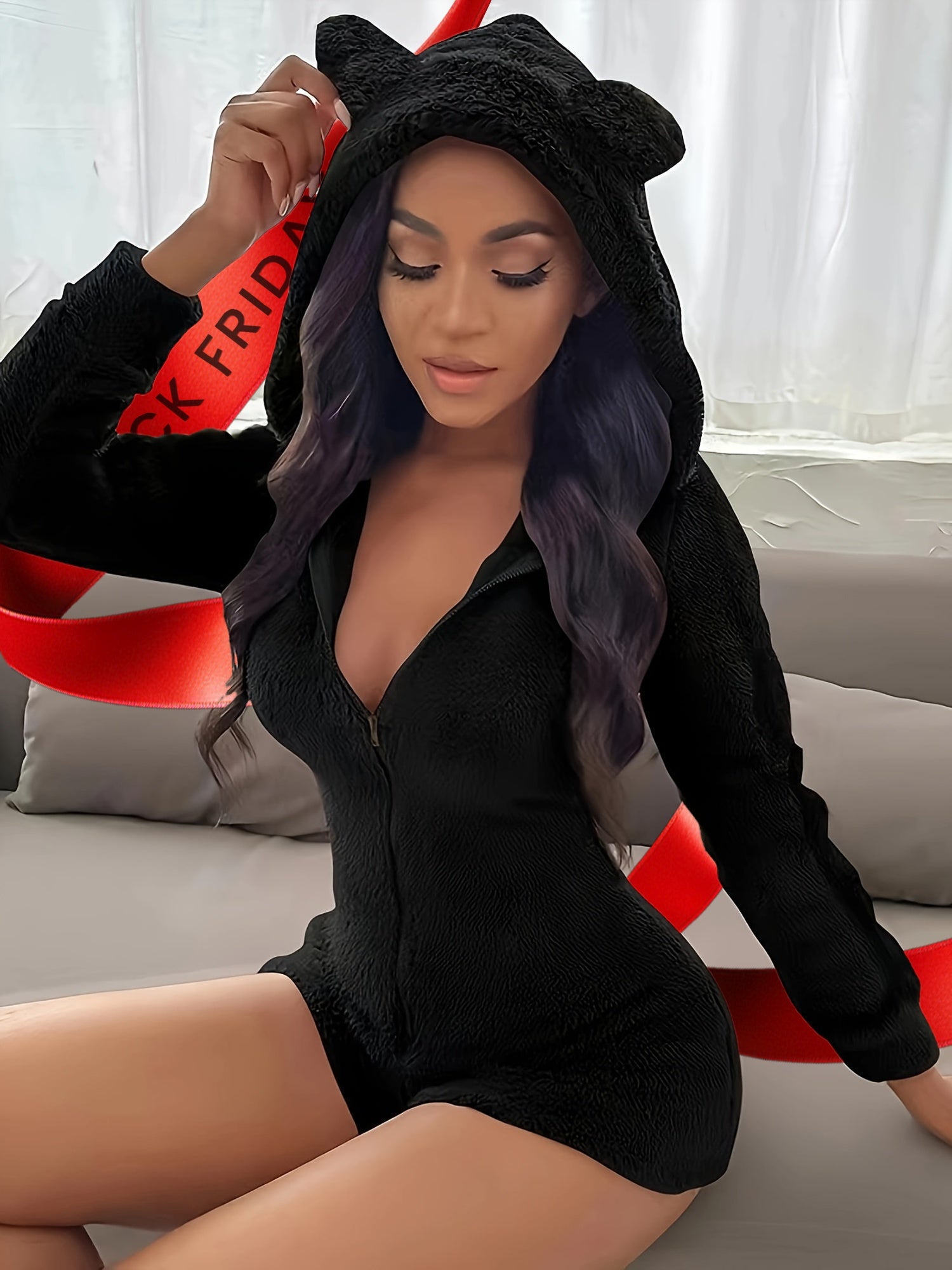 Solid Color Zipper Hooded Romper Jumpsuit, Sexy Long Sleeve Skinny Romper Jumpsuit, Women's Clothing